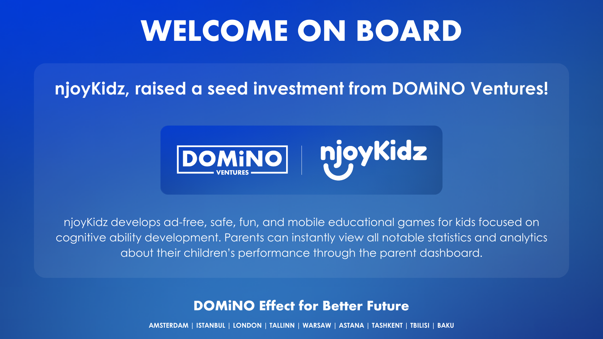 njoyKidz received its first investment round lead by WePlay Ventures on a 5 Million Dollars Valuation.